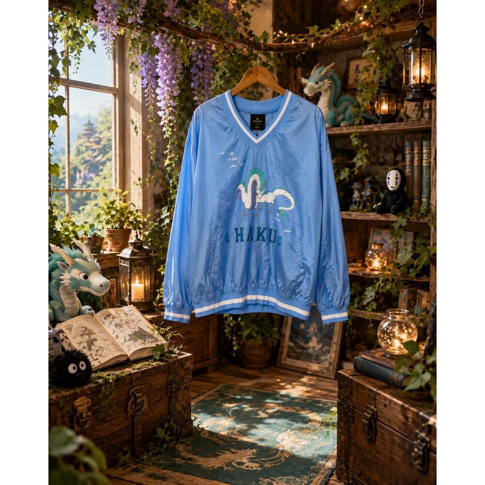 HAKU Spirited Away Dragon Anime Pullover Sweatshirt Top Blue Oversized Large Fun